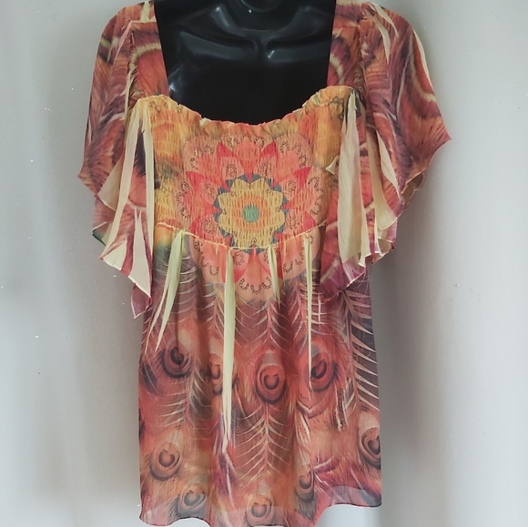 ONE WORLD | Women's Floral Top Orange Yellow Size Large - Picture 2 of 6